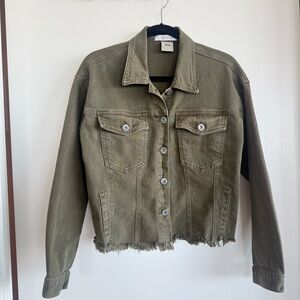 Q2 Olive Green Distressed Denim Jacket